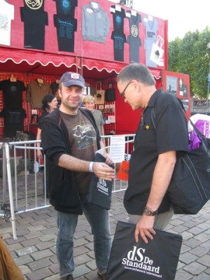 Artur and Jarkko in front of the merch stand in Ghent, August 2010