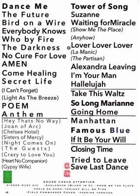 Cue sheet for the Boston concert, December 15, 2012